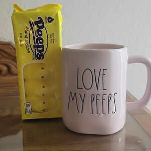 Pink Rae Dunn Ceramic Mug "Love My Peeps" Artisan Shape Hand Painted, With Peeps